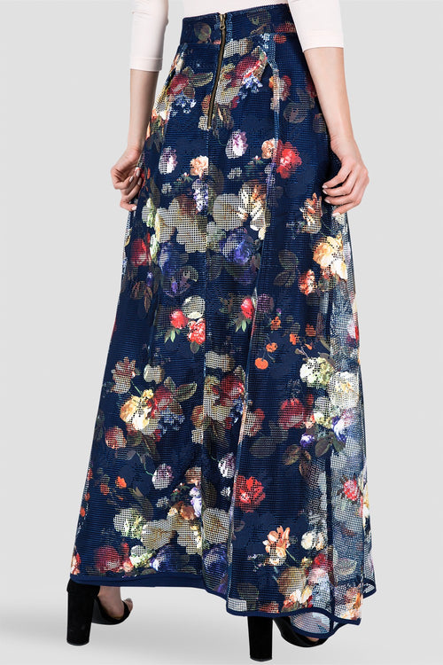 Iris Pleated Floral Mesh Full-Length Maxi Skirt