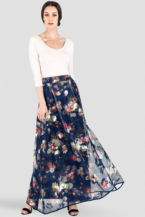 Iris Pleated Floral Mesh Full-Length Maxi Skirt