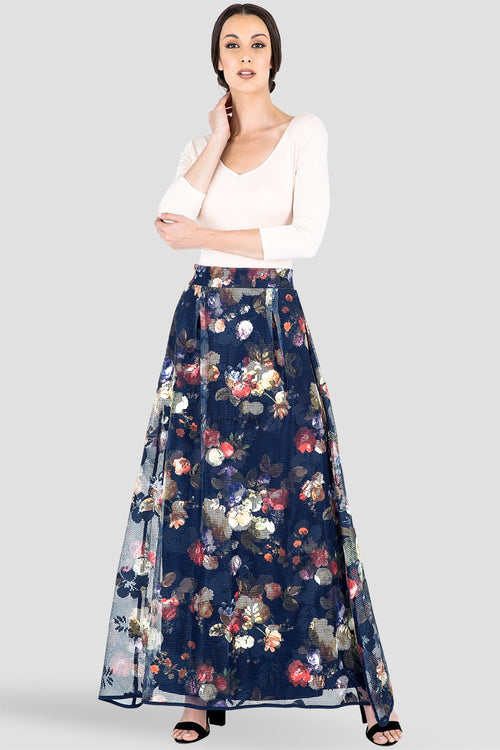 Iris Pleated Floral Mesh Full-Length Maxi Skirt
