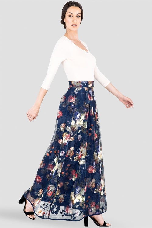 Iris Pleated Floral Mesh Full-Length Maxi Skirt