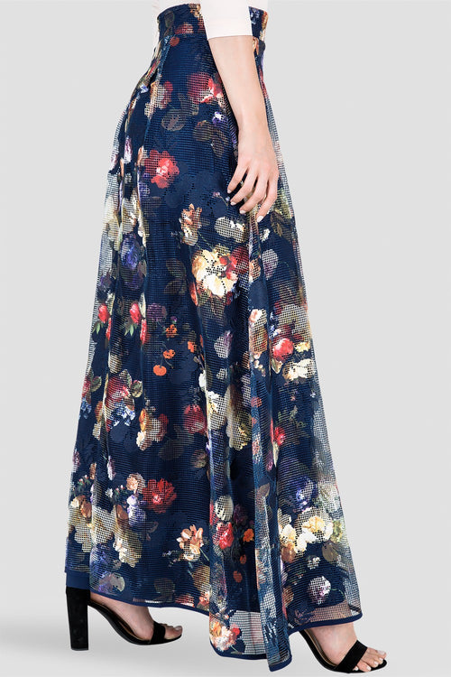 Iris Pleated Floral Mesh Full-Length Maxi Skirt