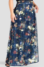Plus Size Midgnight Blue Floral Mesh / Fishnet Pleated Full-Length Skirt