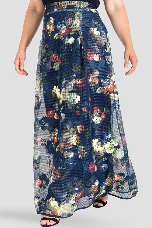 Plus Size Formal Navy Floral Mesh / Fishnet Pleated Long Skirt