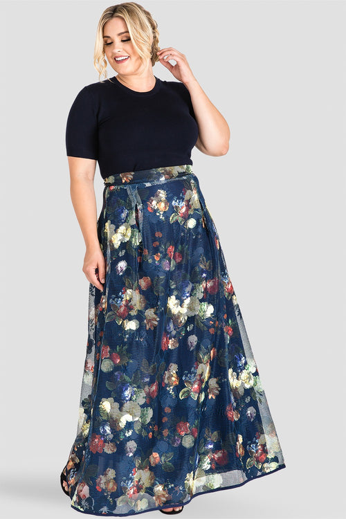 Plus Size Midgnight Blue Floral Mesh / Fishnet Pleated Full-Length Skirt