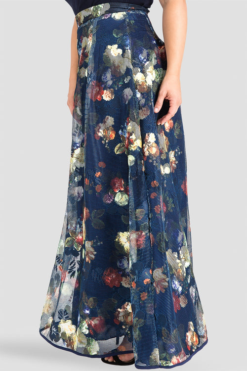 Plus Size Formal Navy Floral Mesh / Fishnet Pleated Long Skirt