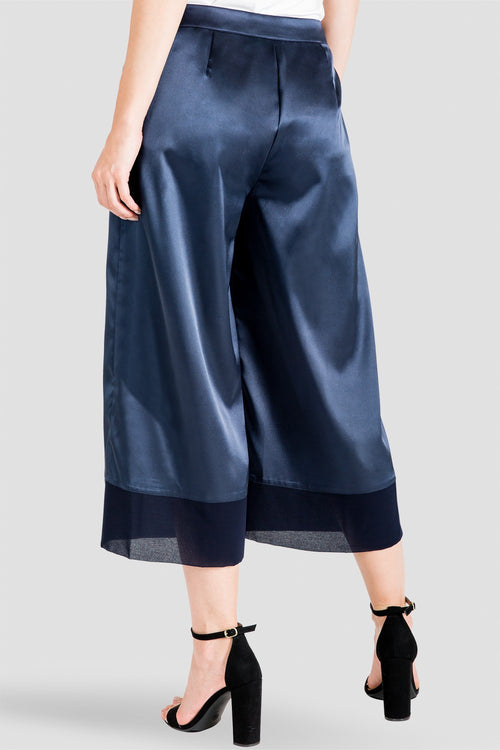 Standards & Practices Midnight Blue Sateen Cropped Gauchos with Chiffon Detail