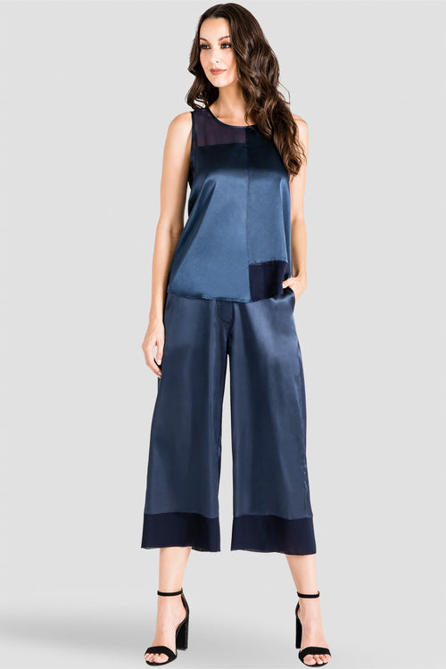 Standards & Practices Midnight Blue Sateen Cropped Gauchos with Chiffon Detail