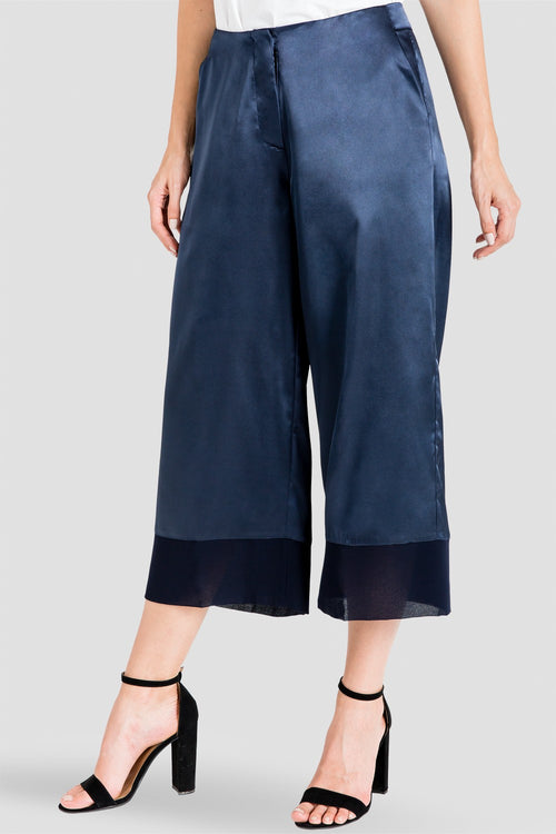 Midnight Blue Sateen Cropped Palazzos with Chiffon Detail
