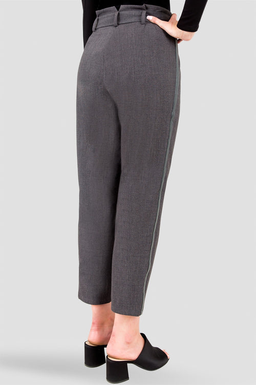 Standards & Practices Curvy Fit Women's Gray Paper bag Waist Suiting Pants - Vegan Leather Athletic Stripe