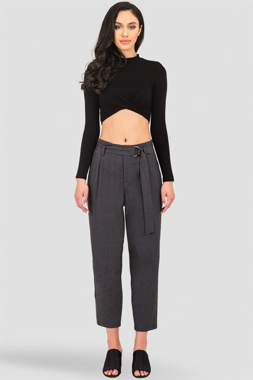Standards & Practices Grey Paper bag Waist Suiting Pants - Vegan Leather Athletic Stripe