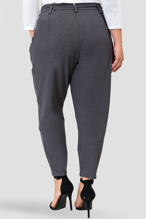 Plus Size Marina Charcoal Gray Paper Bag Waist Suiting Pants - Vegan Leather Athletic Stripe-back