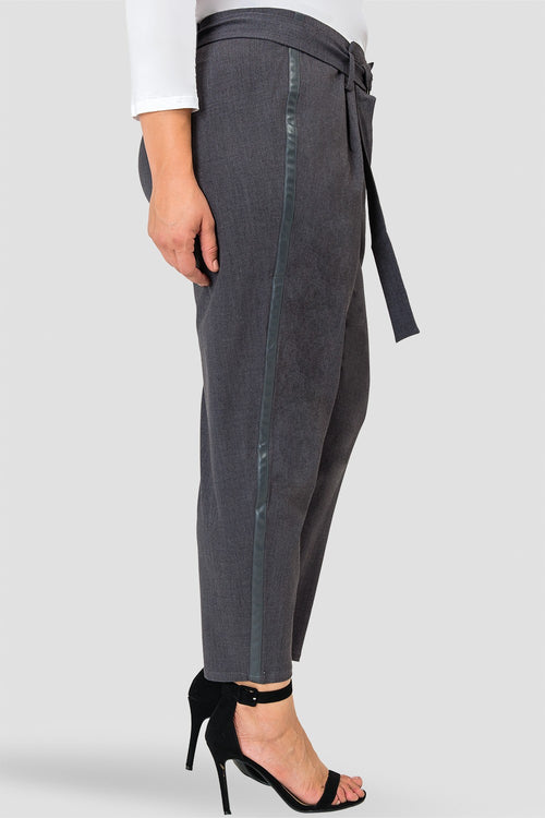 Plus Size Marina Charcoal Gray Paper Bag Waist Suiting Pants - Vegan Leather Athletic Stripe-detail