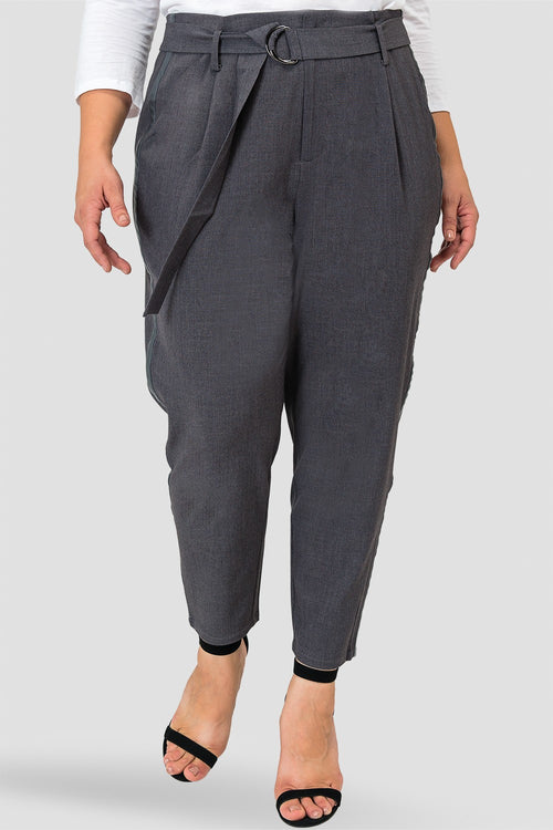 Plus Size Marina Charcoal Gray Paper Bag Waist Suiting Pants - Vegan Leather Athletic Stripe-front