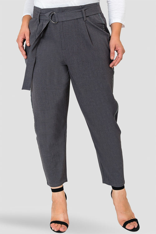 Plus Size Marina Charcoal Gray Paper Bag Waist Suiting Pants - Vegan Leather Athletic Stripe-front2