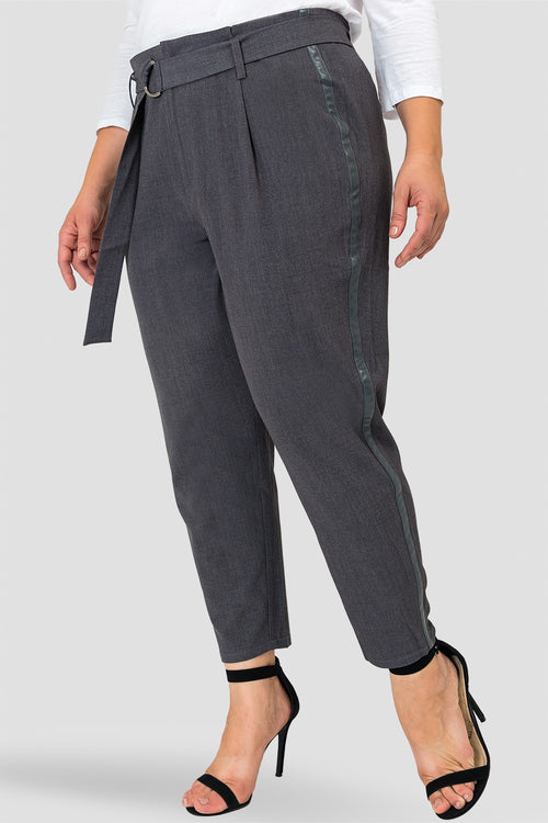 Plus Size Marina Charcoal Gray Paper Bag Waist Suiting Pants - Vegan Leather Athletic Stripe-side