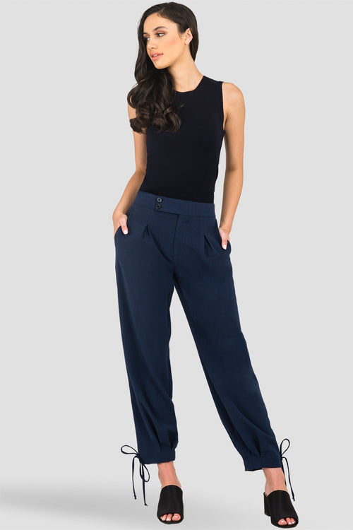 Standards & Practices Robie Double-Button High Waist Midnight Blue Ankle Tie Cuff Trousers