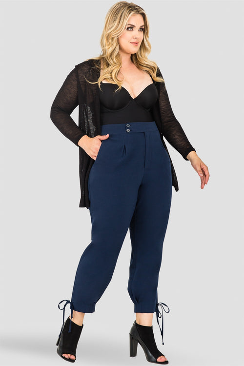 Plus Size Standards & Practices Robie Double-Button High Waist Midnight Blue Ankle Tie Cuff Trousers