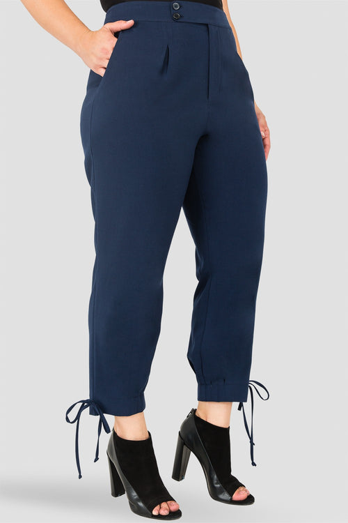 Plus Size Standards & Practices Women's Robie Double-Button High Waist Midnight Blue Ankle Tie Cuff Trousers