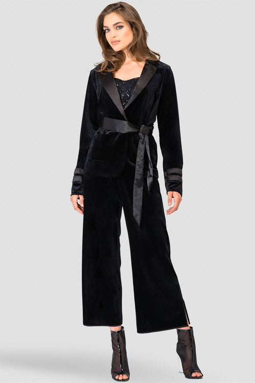 Libby Black Stretch Velvet Cropped Side Split Wide Leg Pants