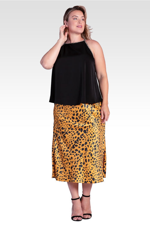 Izar Women's Plus Size Silky Sateen Leopard Print Midi Skirt