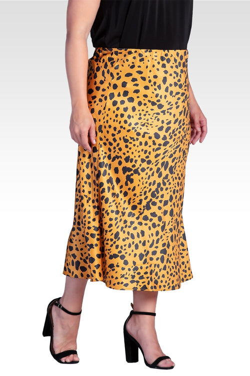 Izar Women's Plus Size Silky Sateen Leopard Print Midi Skirt