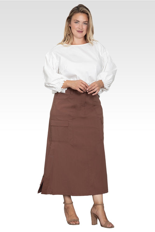 Plus Size A-Line Cargo Pocket Skirt-Coffee Brown