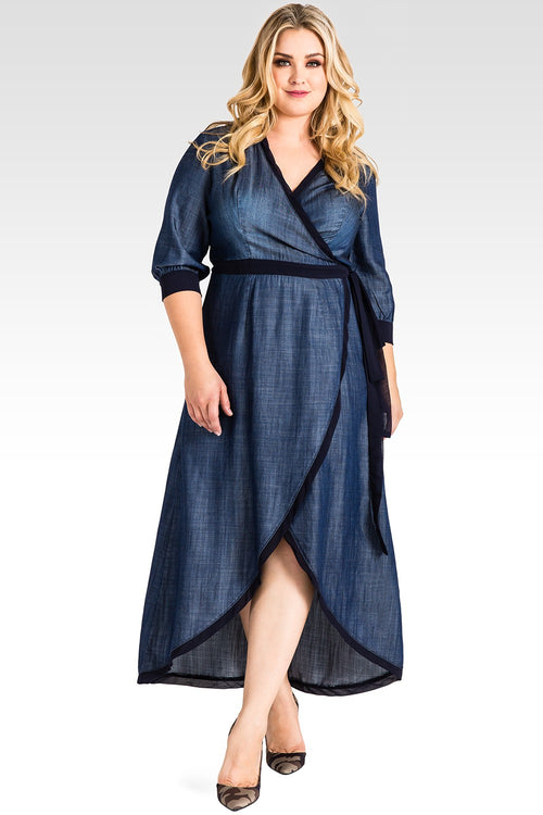 Plus Size Tencel Denim Tulip Wrap Dress With Navy Trim