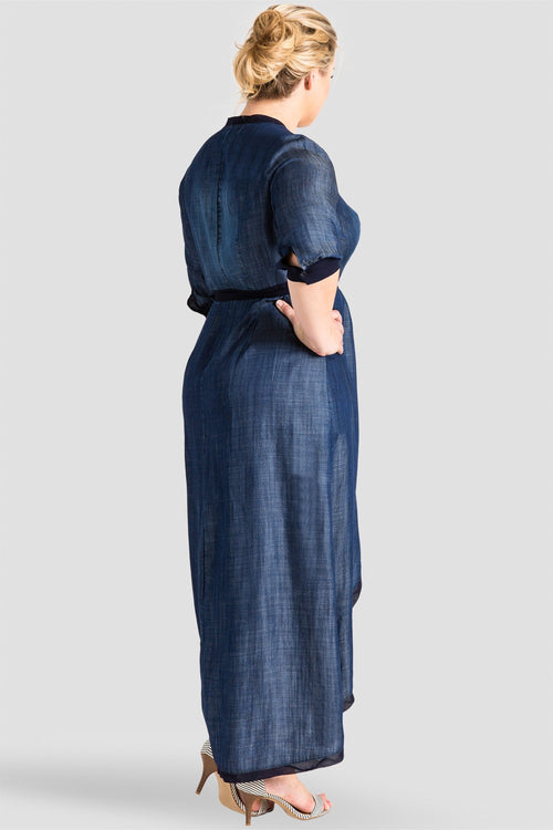 Plus Size Tencel Denim Tulip Wrap Dress With Navy Trim