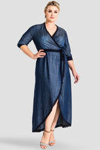Plus Size Tencel Denim Tulip Wrap Dress With Navy Trim