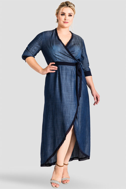 Plus Size Tencel Denim Tulip Wrap Dress With Navy Trim