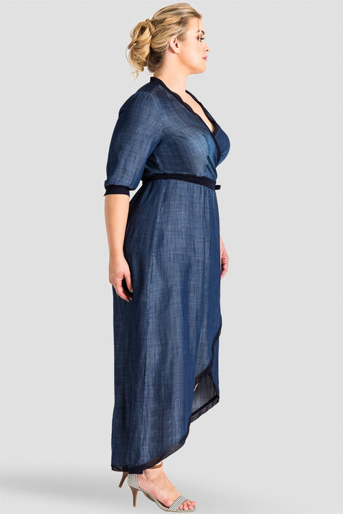 Plus Size Tencel Denim Tulip Wrap Dress With Navy Trim
