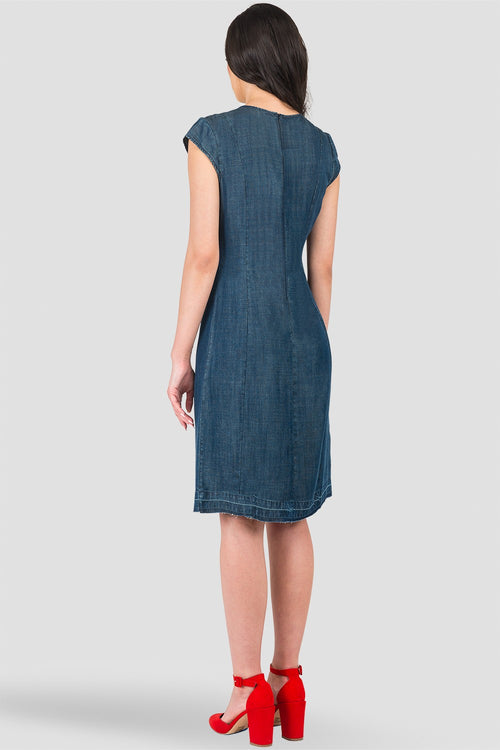 Belinda Cap-Sleeve O-Ring Denim Tencel Princess Line Sheath Dress