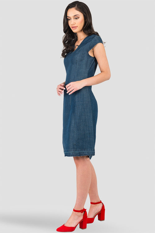 Belinda Cap-Sleeve O-Ring Denim Tencel Princess Line Sheath Dress