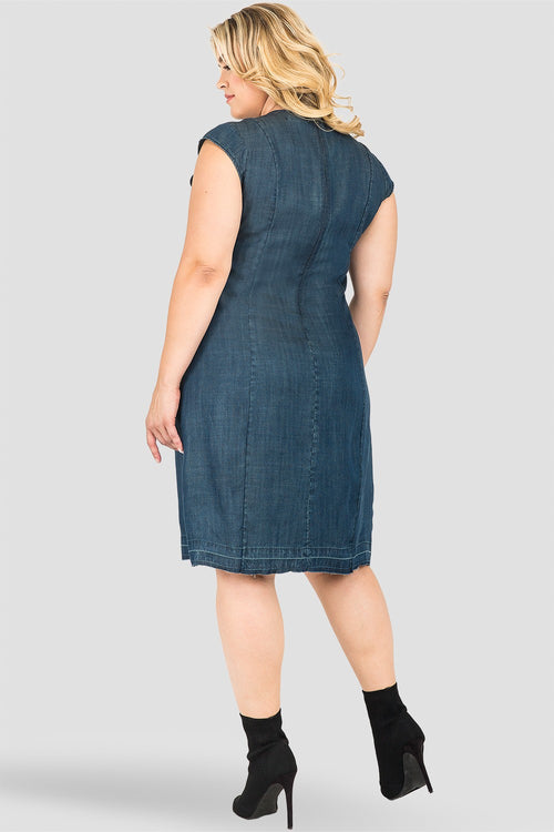 Plus Size Belinda Cap-Sleeve O-Ring Denim Tencel Princess Line Sheath Dress
