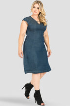 Plus Size Belinda Cap-Sleeve O-Ring Denim Tencel Princess Line Sheath Dress