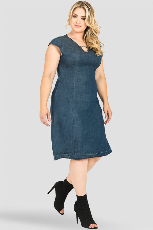 Plus Size Belinda Cap-Sleeve O-Ring Denim Tencel Princess Line Sheath Dress