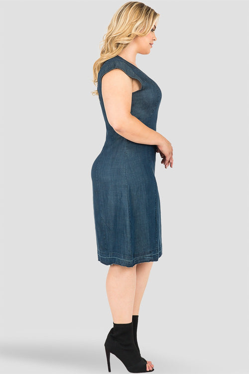 Plus Size Belinda Cap-Sleeve O-Ring Denim Tencel Princess Line Sheath Dress