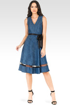 Standards & Practices Sleeveless V-Neck A-Line Denim Tencel  Dress with Black Sheer Mesh Detail