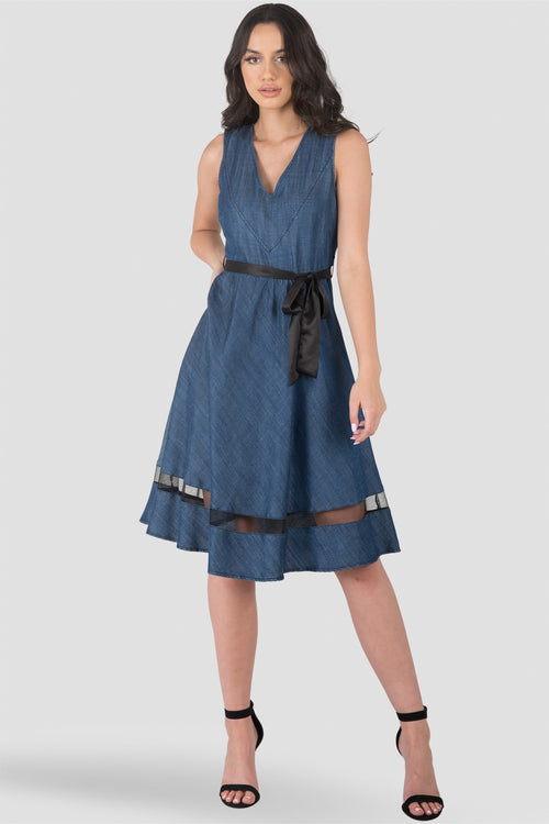 Standards & Practices Sleeveless V-Neck A-Line Denim Tencel  Dress with Black Sheer Mesh Detail