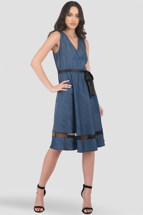 Standards & Practices Women's Curvy Fit Sleeveless V-Neck A-Line Denim Tencel  Dress with Black Sheer Mesh Detail