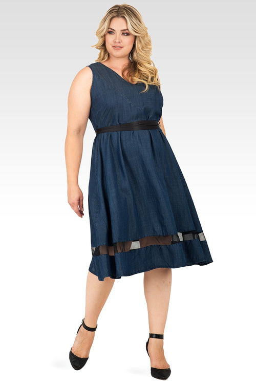 Plus Size Sleeveless V-Neck A-Line Denim Tencel Dress with Black Sheer Mesh