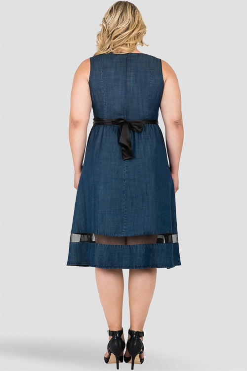 Plus Size Sleeveless V-Neck A-Line Denim Tencel Dress with Black Sheer Mesh