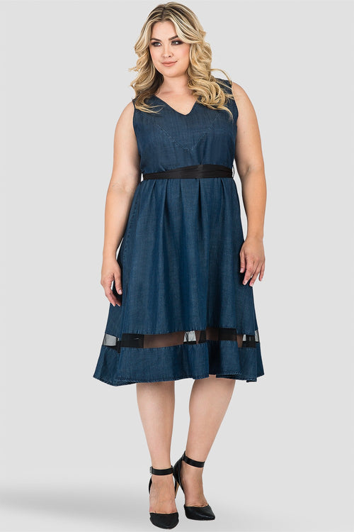 Plus Size Sleeveless V-Neck A-Line Denim Tencel Dress with Black Sheer Mesh