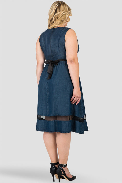 Plus Size Sleeveless V-Neck A-Line Denim Tencel Dress with Black Sheer Mesh