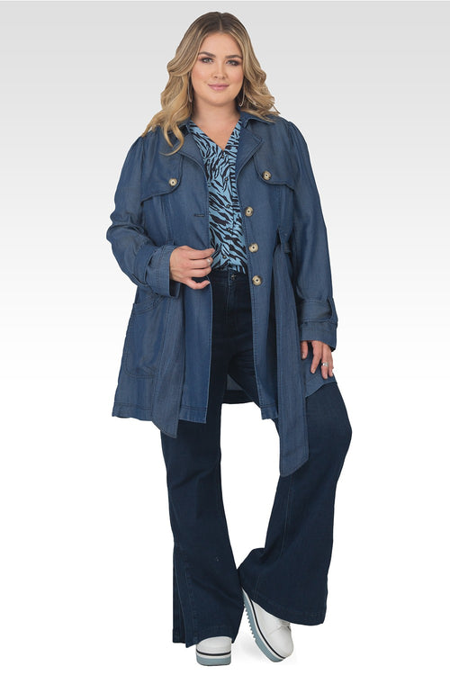 Plus Size Melanie Dark Wash Tencel Denim Trench Coat-3