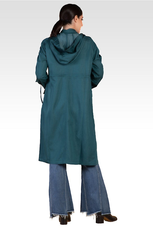 Pippa Forest Green Denim Tencel Hooded Long Anorak Jacket