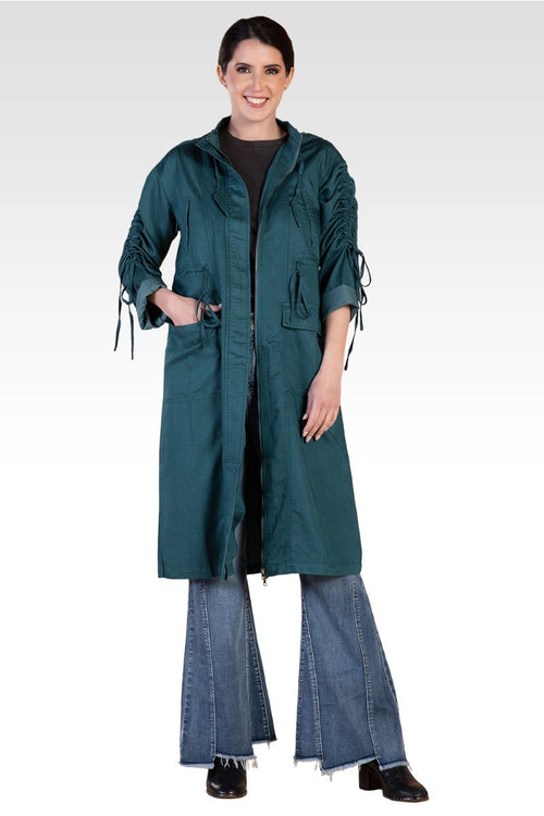 Pippa Forest Green Denim Tencel Hooded Long Anorak Jacket