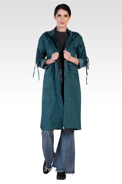 Pippa Forest Green Denim Tencel Hooded Long Anorak Jacket