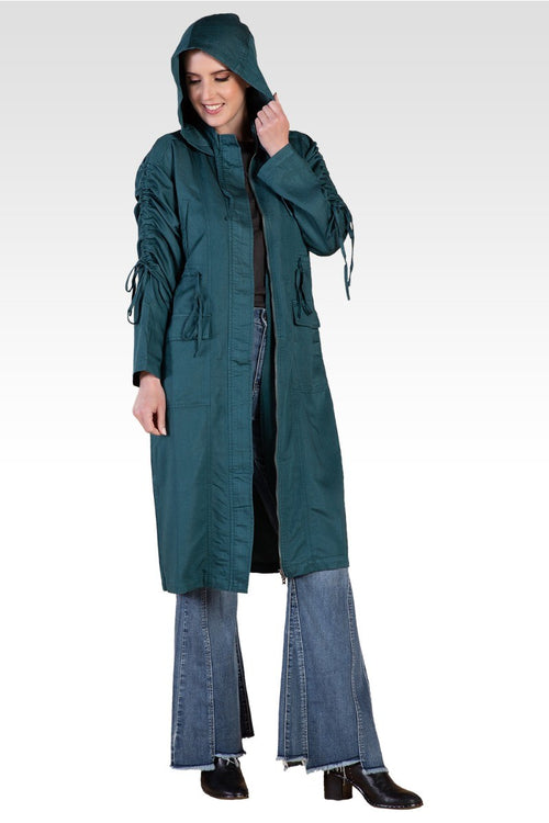 Pippa Forest Green Denim Tencel Hooded Long Anorak Jacket