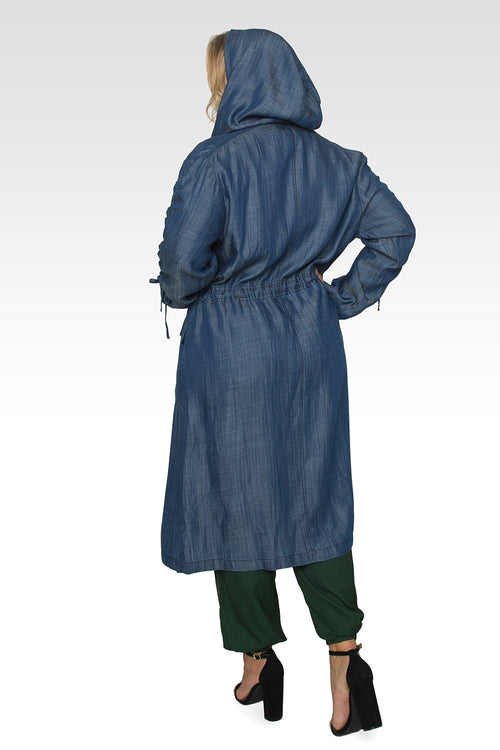 Standards & Practices Plus Size Women's Indigo Denim Tencel Hooded Long Anorak Jacket-2